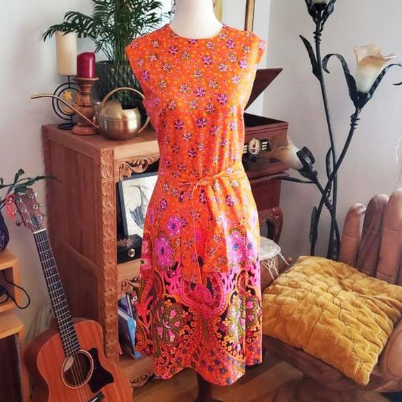 Vintage Dresses & Skirts - Vintage Orange Psychedelic Paisley Dress 60s